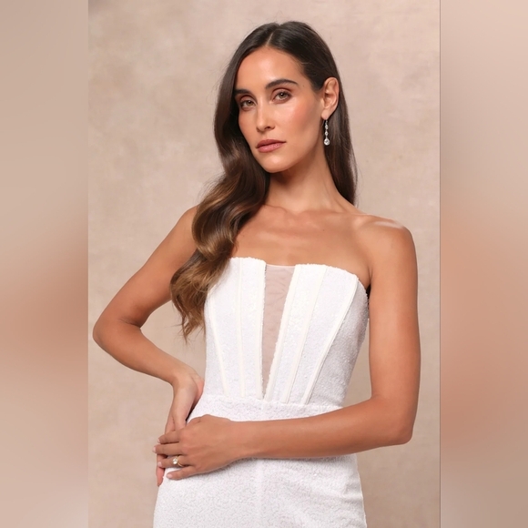 Lulus Glamorous Spirit White Sequin Strapless Bustier Jumpsuit L Wedding Party - Picture 4 of 9
